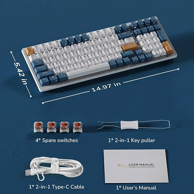 Клавиатура игровая Royal Kludge RK98 Brown switch (белая, синяя)
