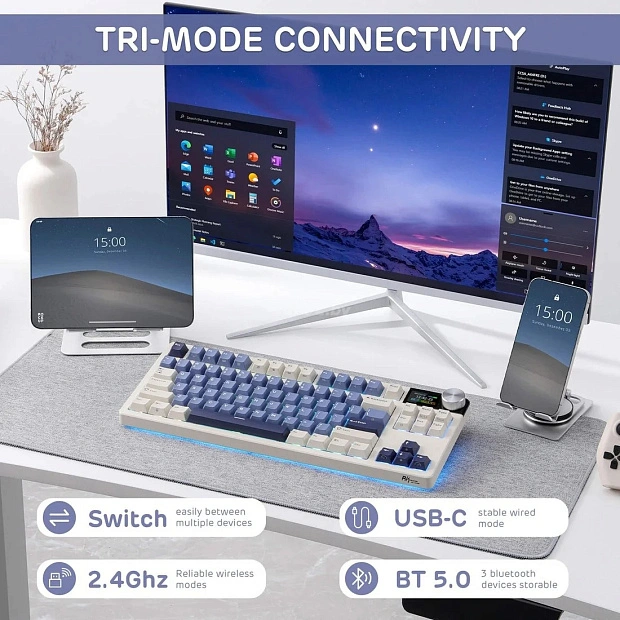 Клавиатура игровая Royal Kludge RK S85 Horizon Beige switch (белая,синяя)