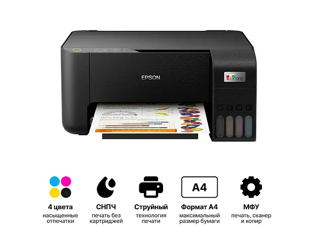 МФУ струйный цветной Epson EcoTank L3210 с СНПЧ, "3в1" принтер, сканер, копир, А4