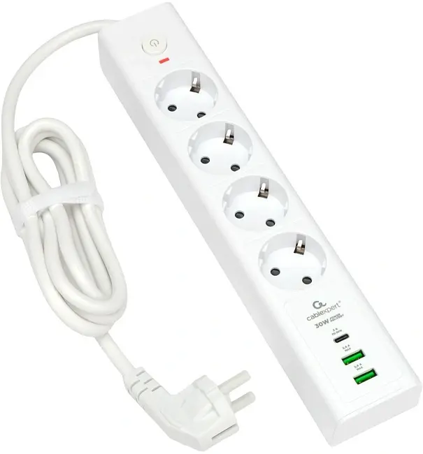 Сетевой фильтр на 4 розетки Cablexpert Exnovo EXN-4-CU2-W-2, 2м (белый)