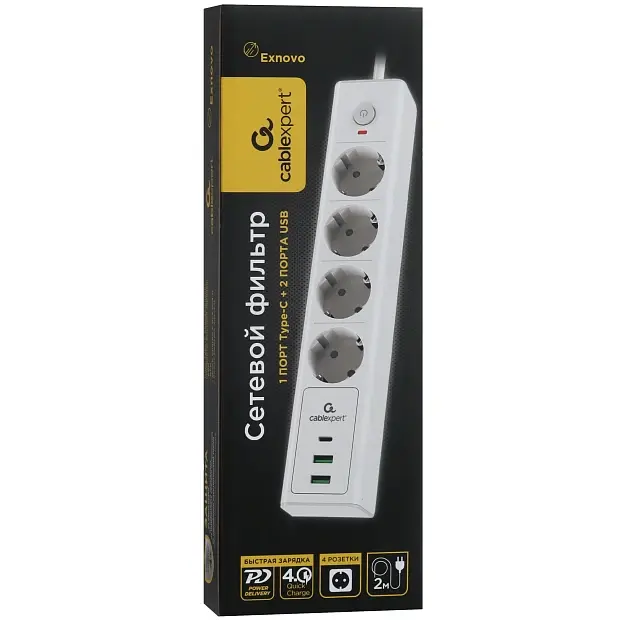 Сетевой фильтр на 4 розетки Cablexpert Exnovo EXN-4-CU2-W-2, 2м (белый)
